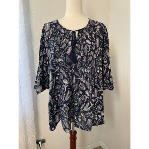 Virtuelle Women’s Top Size 12 Navy Blue Floral Boho Peasant Blouse 100% Cotton
